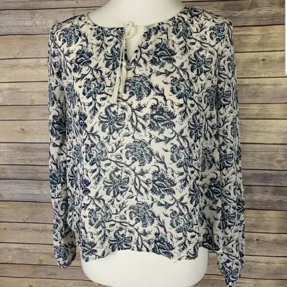 Aeropostale Floral Boho Tie Blouse Cream Navy - M - Picture 2 of 13
